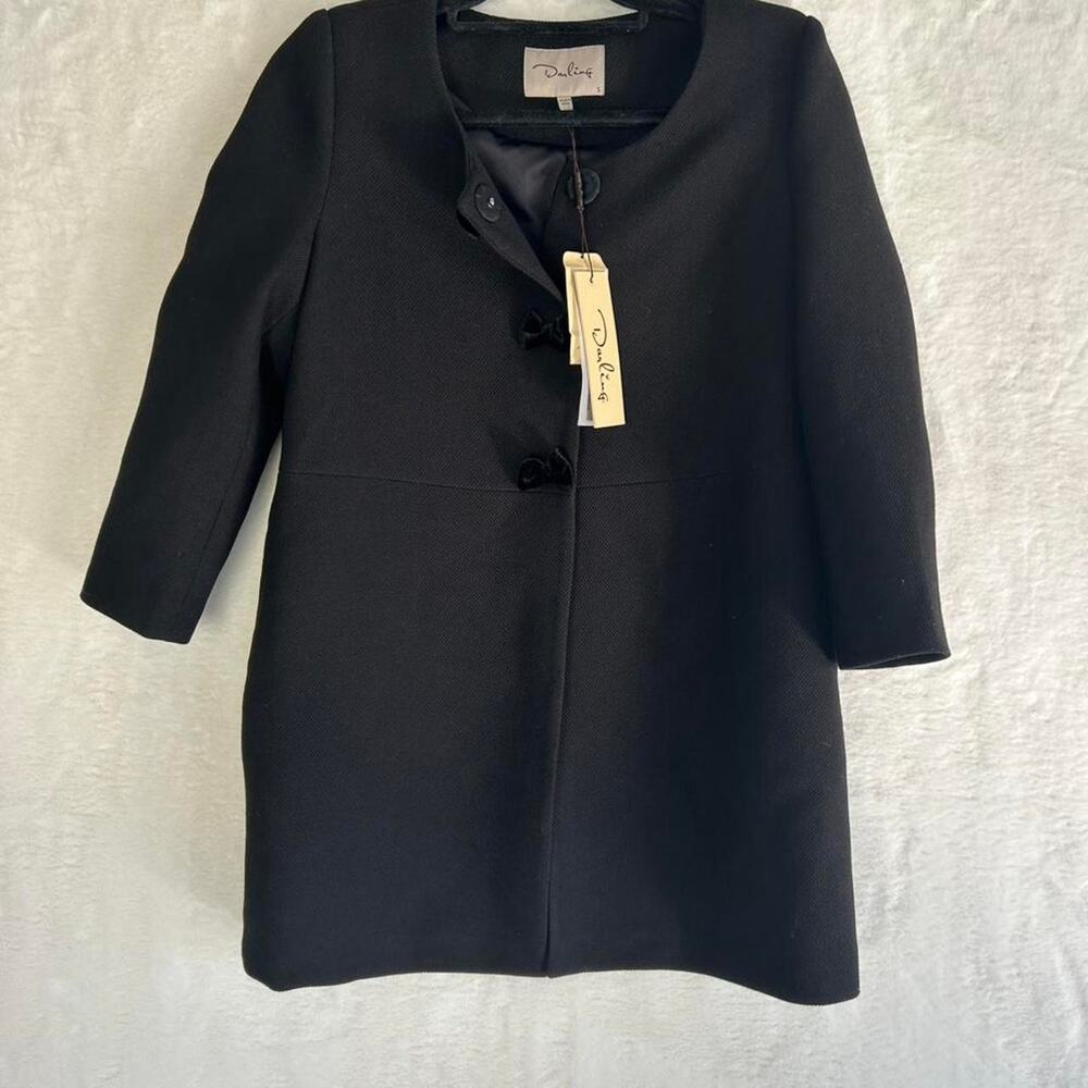 Darling Kathleen Coat Black Textured Velvet Bow Snap Front Collarless Size S NEW